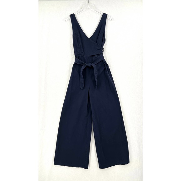 ANTHROPOLOGIE CHINO Jumpsuit Womens 2 Navy Blue Wrap Sleeveless Wide Leg Pockets - Picture 2 of 16